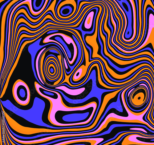 Trippy glitch background in style of psychedelic 60s and 70s parties with bright acidic rainbow colors and a winding geometric wavy pattern.