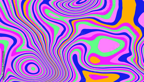 Trippy glitch background in style of psychedelic 60s and 70s parties with bright acidic rainbow colors and a winding geometric wavy pattern.
