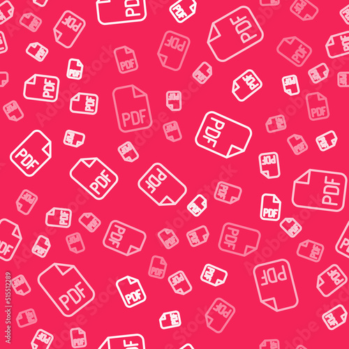 White line PDF file document. Download pdf button icon isolated seamless pattern on red background. PDF file symbol. Vector