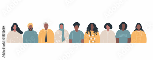 Diverse group of people. International community of women and men. Different human silhouettes. Vector illustration on a white background.