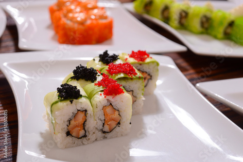 sushi  with fish inside and rise and  fish caviar  -  japanese cuisine!