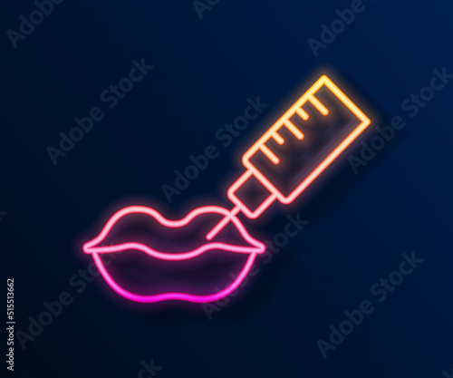 Glowing neon line Lip augmentation icon isolated on black background. Hyaluronic acid lips injection. Contour plastic. Vector
