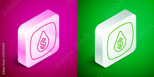 Isometric line Oil drop with dollar symbol icon isolated on pink and green background. Oil price. Oil and petroleum industry. Silver square button. Vector