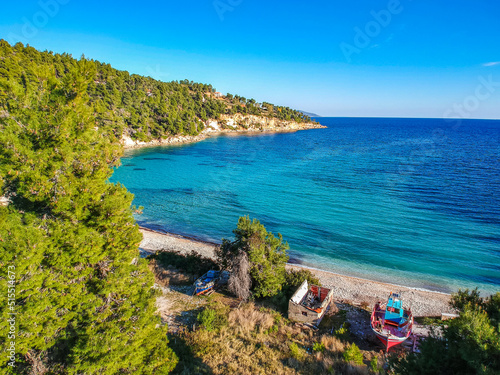 Panoramic aerial view over Chrysi Milia beach in Alonnisos island  Greece