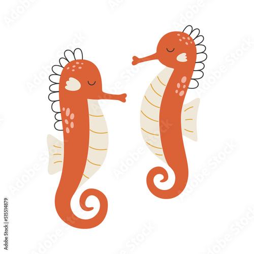 Underwater red cute seahorse, animal isolated on white background. Vector flat illustration of a fish character.