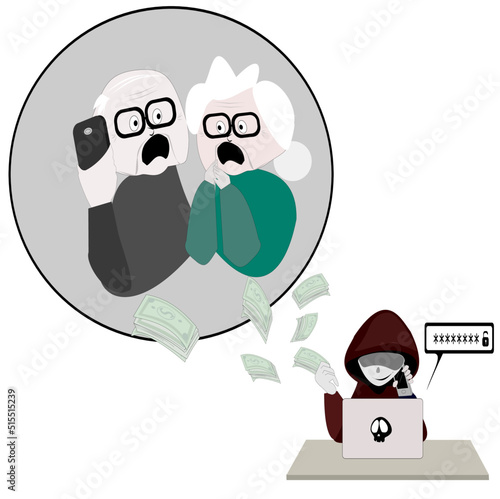 Vector scammer cartoon character.Online crime concept . Swindler and a thief are working at the computer.flat illustration isolated on white background. Voice Phishing.fake call center.