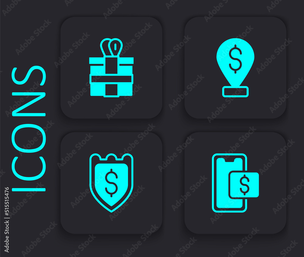 Set Mobile shopping, Gift box, Cash location and Shield with dollar icon. Black square button. Vector Set Mobile shopping, Gift box, Cash location and Shield with dollar icon. Black square button. Vector