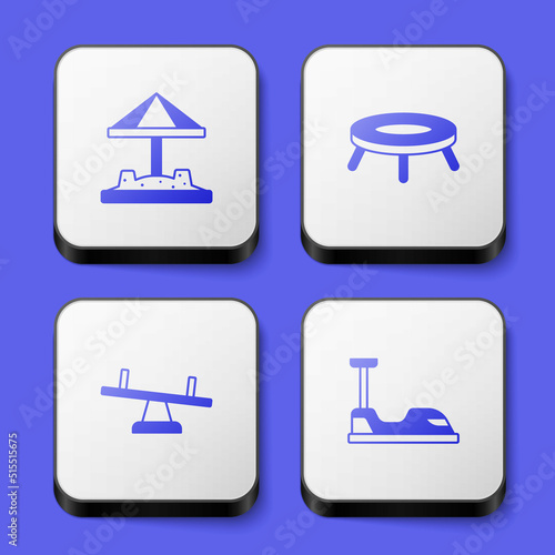 Set Sandbox with sand, Jumping trampoline, Seesaw and Bumper car icon. White square button. Vector