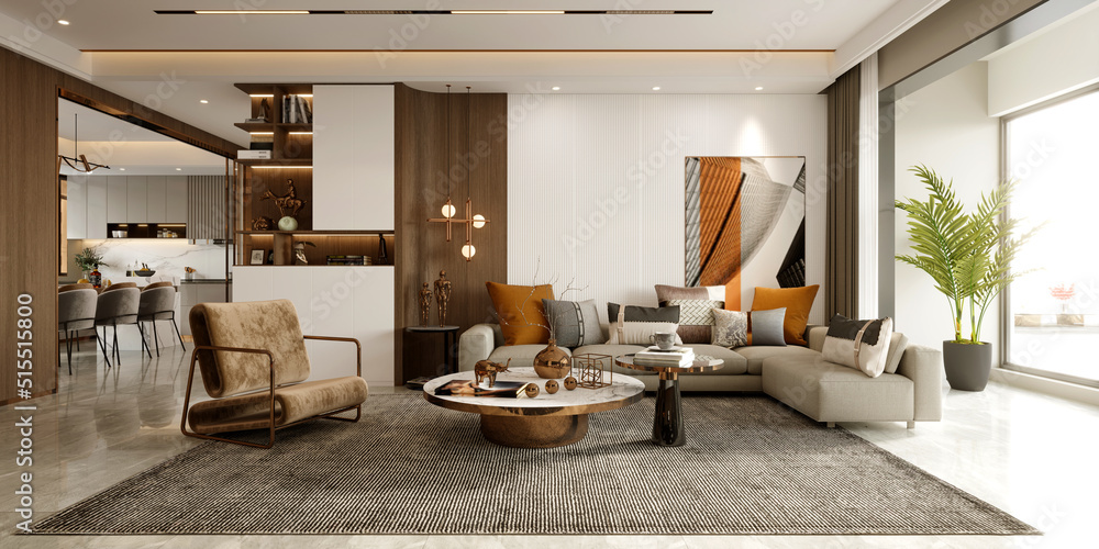 3d render of luxury home interior, living room - obrazy, fototapety, plakaty 