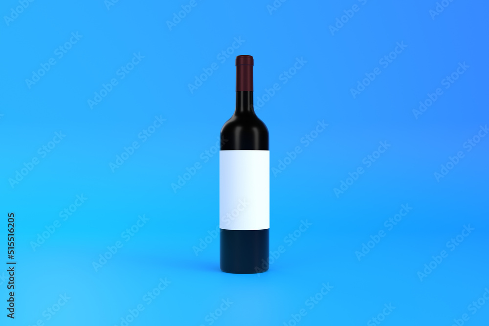 Wine bottle with white label on a blue background. Front view. Minimal concept. 3D rendering illustration Wine bottle with white label on a blue background. Front view. Minimal concept. 3D rendering illustration