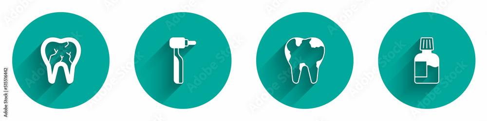 Set Broken tooth, Tooth drill, and Mouthwash icon with long shadow. Vector Set Broken tooth, Tooth drill, and Mouthwash icon with long shadow. Vector