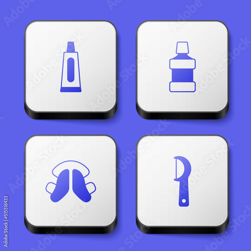 Set Tube of toothpaste  Mouthwash  Dental plate and floss icon. White square button. Vector