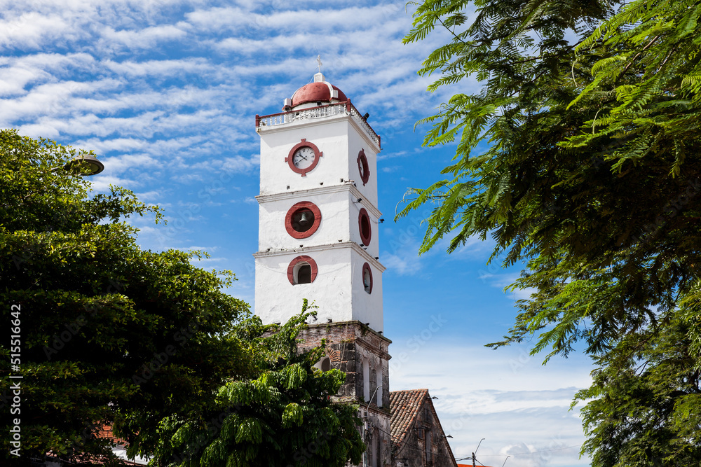 Fototapeta premium Bell tower of the San Sebastian Church built between 1553 and 1653 at the town of Mariquita in Colombia