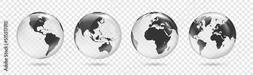 Set of transparent globes of Earth. Realistic world map in globe shape with transparent texture and shadow. Vector illustration EPS10