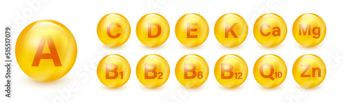 Set of Multi Vitamin complex icons. Multivitamin supplement. Vitamin A, B group B1, B2, B6, B12, C, D, D3, E, K, Mg, Ca, Omega. Essential vitamin complex. Healthy life concept