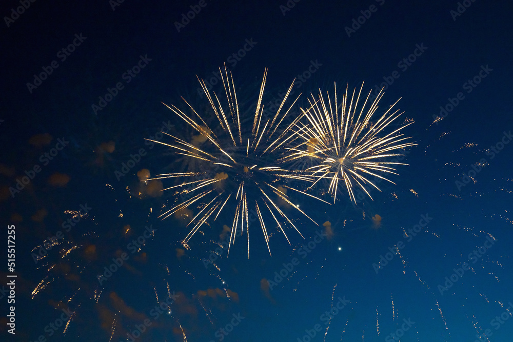 Firework over the blue sky at night, white, orange. Amateur photo. Noise. Grain.