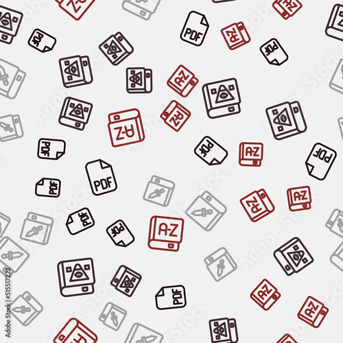 Set line PDF file document, Ancient magic book, Book about weapon and Translator on seamless pattern. Vector