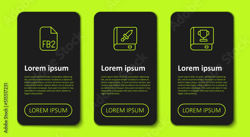 Set line FB2 File, Book about weapon and . Business infographic template. Vector