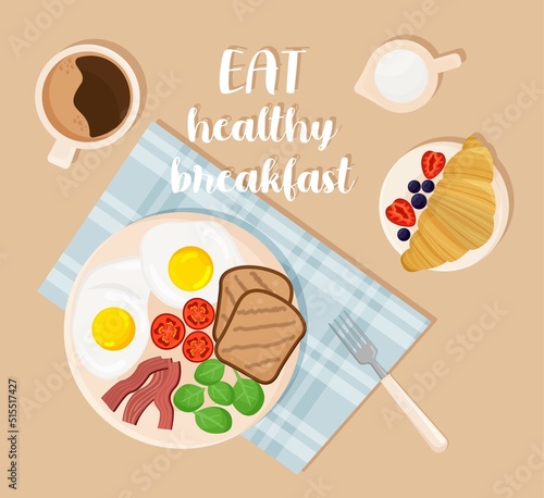 Eat healthy breakfast. Poster with scrambled eggs, bread, vegetables and bacon on plate, delicious hot coffee and dessert. Healthy lifestyle or diet. Delicious food. Cartoon flat vector illustration