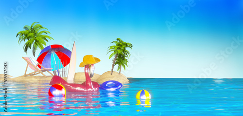 Pink flamingo inflatable in water with swimming pool toys and blue sky background 3D Rendering