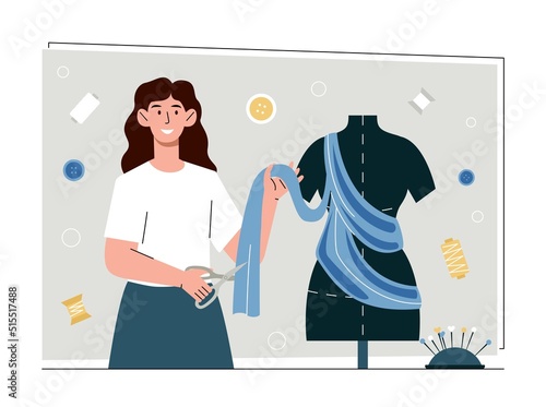 Fashion designer concept. Young smiling seamstress woman stands next to mannequin and sews beautiful stylish clothes. Creative profession of tailor or dressmaker. Cartoon flat vector illustration