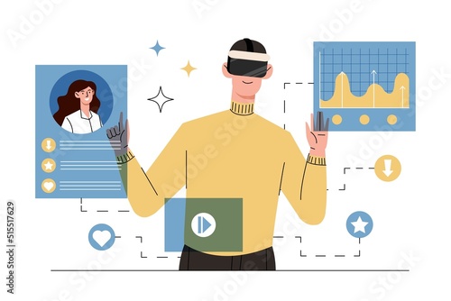 Man with virtual reality glasses. Guy uses VR, modern technology. Company applies innovation, analytical department works with statistics, evaluates graphs and charts. Cartoon flat vector illustration