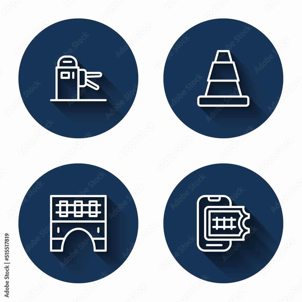 Set line Turnstile, Traffic cone, Bridge for train and Online ticket booking with long shadow. Blue circle button. Vector Set line Turnstile, Traffic cone, Bridge for train and Online ticket booking with long shadow. Blue circle button. Vector