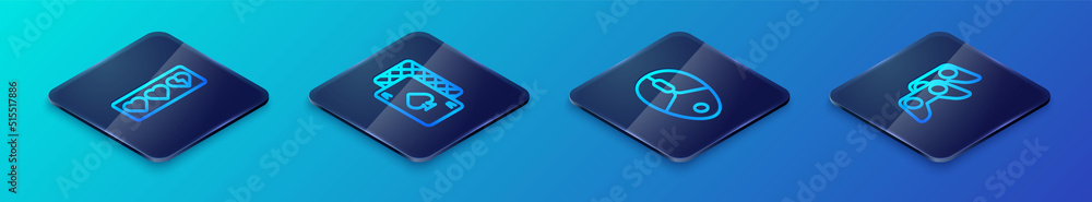 Set Isometric line Computer mouse, Game life bar, controller or joystick and Playing cards icon. Vector Set Isometric line Computer mouse, Game life bar, controller or joystick and Playing cards icon. Vector