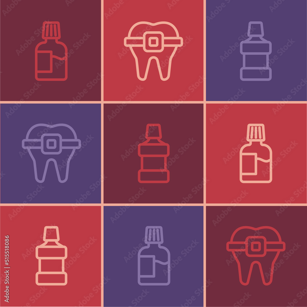 Set line Mouthwash, and Teeth with braces icon. Vector Set line Mouthwash, and Teeth with braces icon. Vector