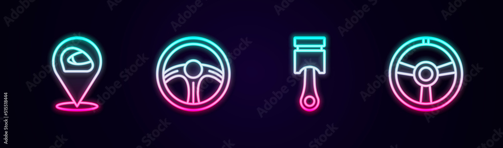 Set line Racing helmet, steering wheel, Engine piston and . Glowing neon icon. Vector