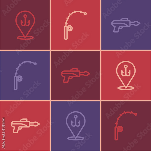 Set line Fishing hook, harpoon and rod icon. Vector