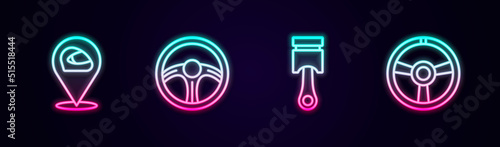 Set line Racing helmet, steering wheel, Engine piston and . Glowing neon icon. Vector