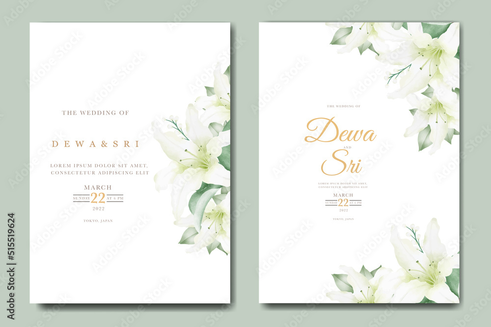 Watercolor lily floral wedding invitation card 
