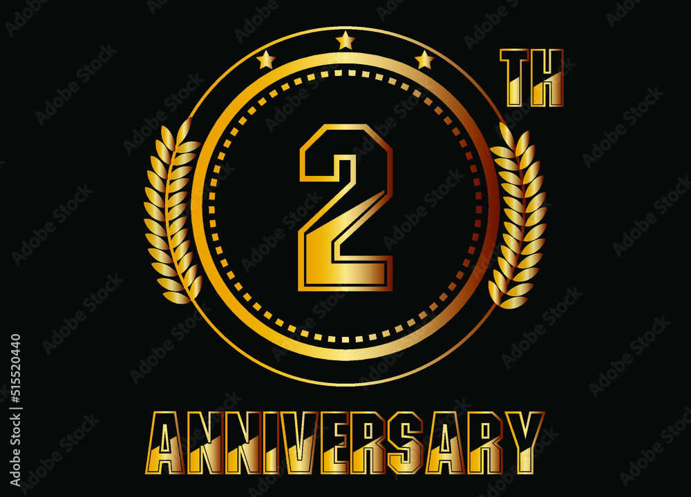 Fototapeta premium 2 years anniversary. Gold vector with rings for 2 years anniversary celebration on black background.