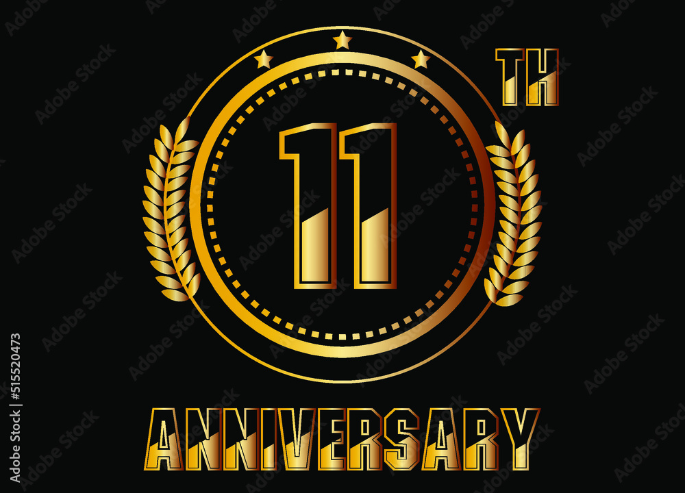 Fototapeta premium 11 years anniversary. Gold vector with rings for 11 years anniversary celebration on black background.