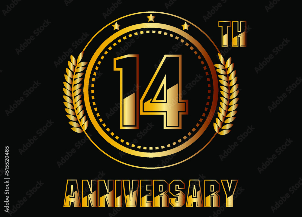 14 years anniversary. Gold vector with rings for 14 years anniversary celebration on black background. 14 years anniversary. Gold vector with rings for 14 years anniversary celebration on black background.