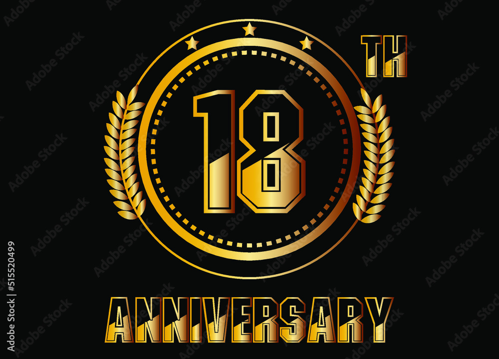 Fototapeta premium 18 years anniversary. Gold vector with rings for 18 years anniversary celebration on black background.