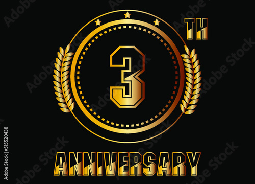3 years anniversary. Gold vector with rings for 3 years anniversary celebration on black background.
