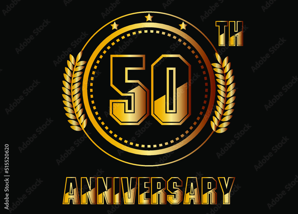 Fototapeta premium 50 years anniversary. Gold vector with rings for 50 years anniversary celebration on black background.