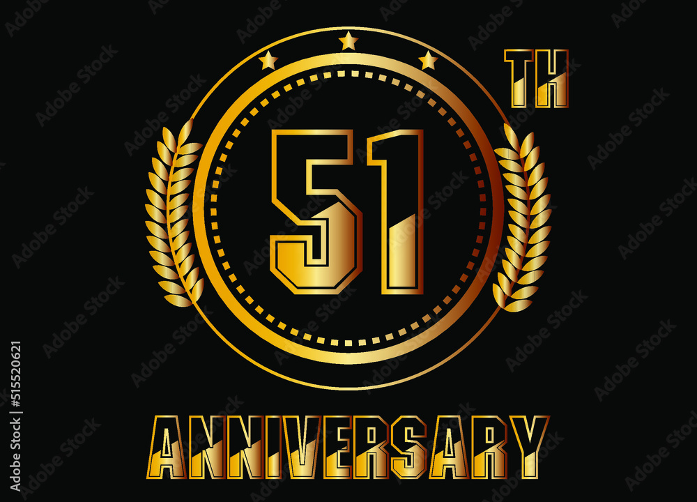 51 years anniversary. Gold vector with rings for 51 years anniversary celebration on black background.
