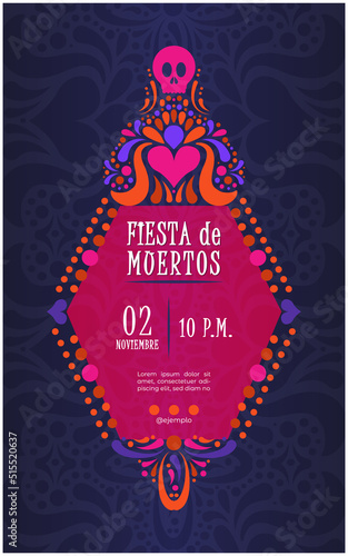 Vector invitación a fiesta de muertos. Diseño de ataúd sobre papel picado morado. Tradición mexicana.