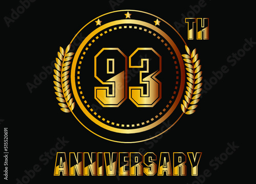 93 years anniversary. Gold vector with rings for 93 years anniversary celebration on black background.