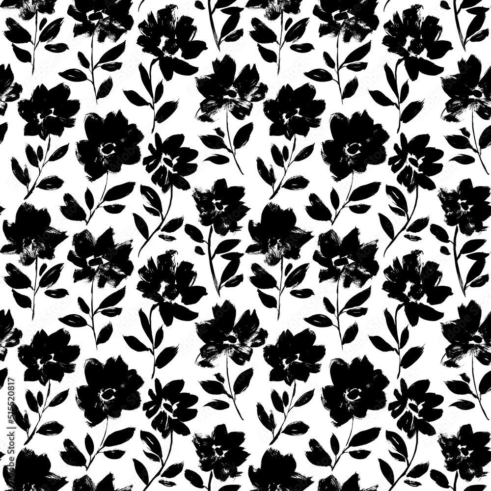 Black peony vector seamless pattern. Hand drawn silhouettes of spring chrysanthemum flowers. Dry brush style floral motives. Black paint illustration with branches and leaves. Monochrome print