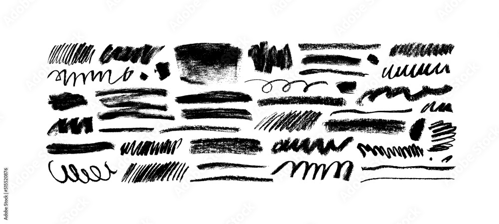 Charcoal pencil curly lines and squiggles, wide strokes. Scribble black strokes vector set. Hand drawn marker scribbles. Black pencil sketches, drawings. Scrawl elements isolated on white background - obrazy, fototapety, plakaty 
