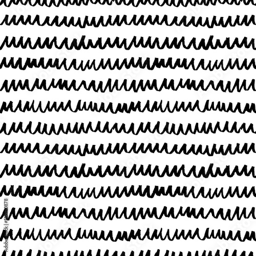 Seamless pattern with grunge waves. Black curved thin lines ornament. Abstract background with wavy brush strokes. Hand drawn sea water modern vector background. Curly grunge paint lines.