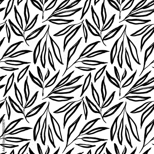 Abstract outlined leaves and branches seamless pattern. Hand drawn black brush painted plants. Vector foliage silhouettes. Natural organic ornament with black branches. Botanical seamless background 