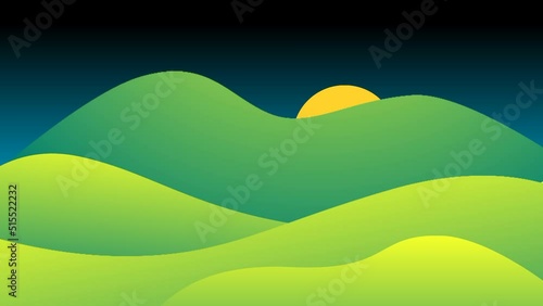 The mountains are darkened at night then the moon appears