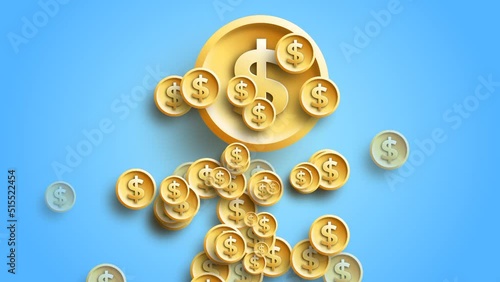 Flat cartoon falling dollar sign symbol animation on blue background