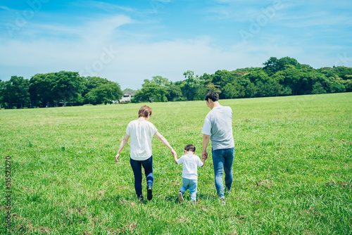 手を繋いで晴天の緑地を歩く親子の後ろ姿