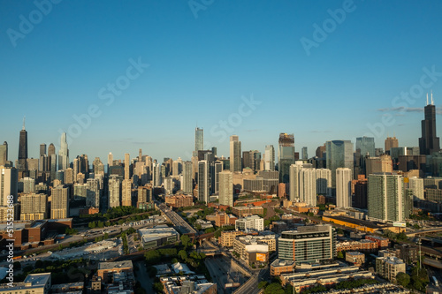 Aerial  panoramic shot of a Chicago skyline during summer sunset